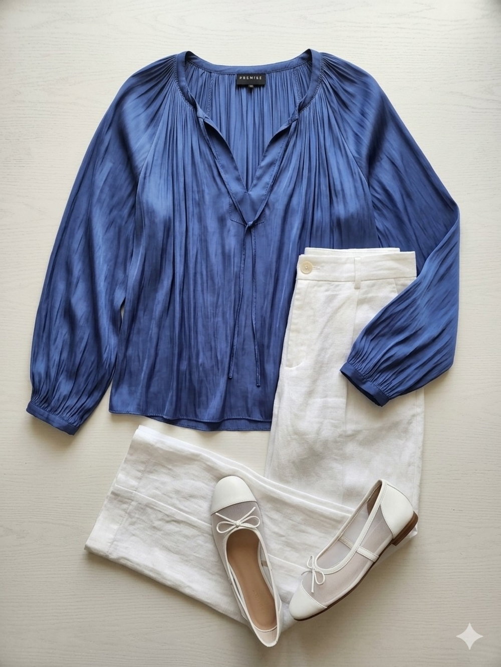 Premise Satin Peasant Blouse in Blue Size Large